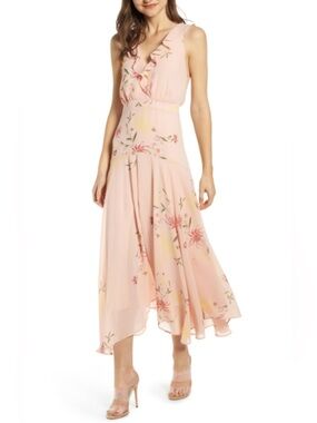 ASTR Ruffled V-Neck Floral Midi Dress in Blush Pink